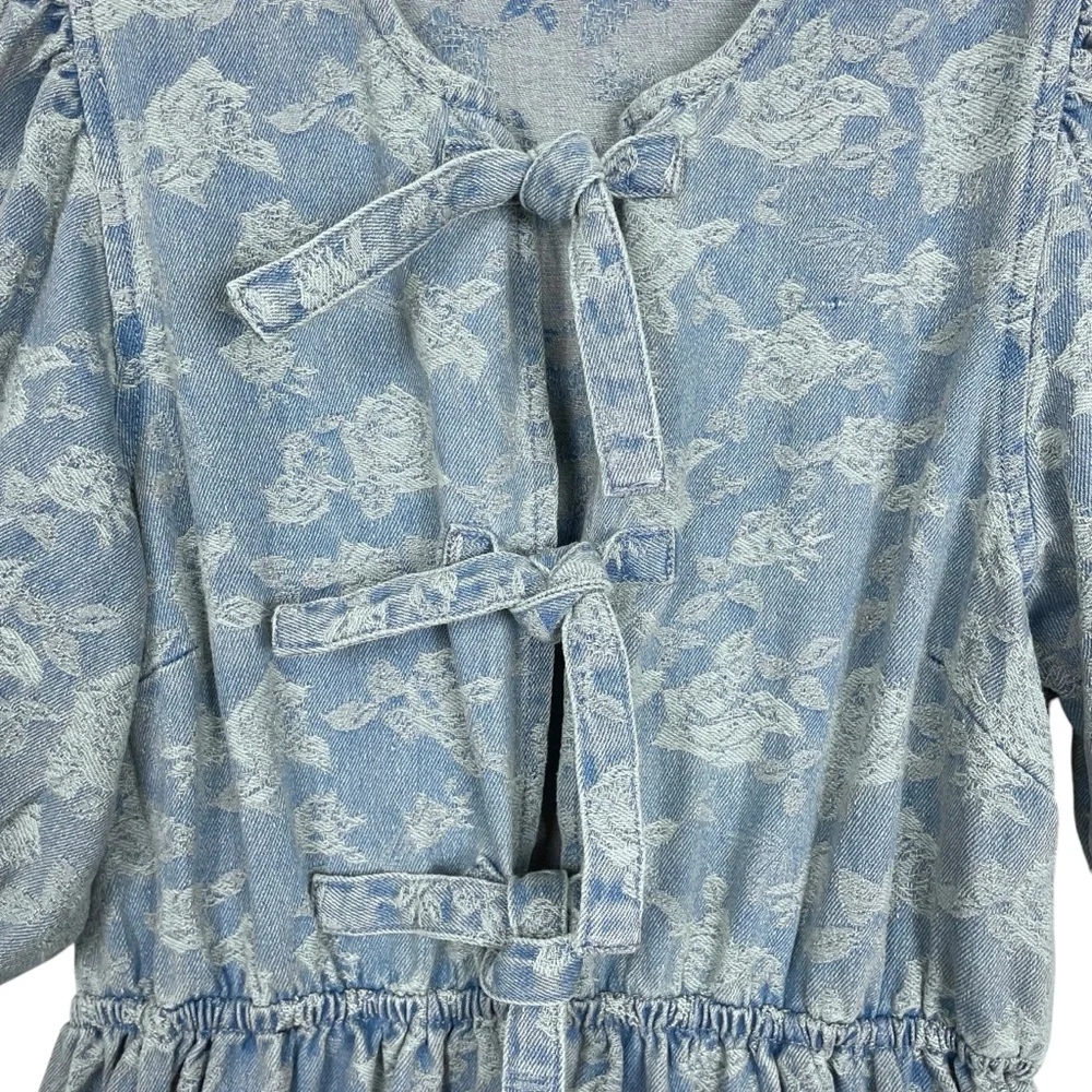 Miou Muse Denim + Roses Bow Front A-Line Mini Dress Puff Sleeves Blue Size S - Picture 3 of 13